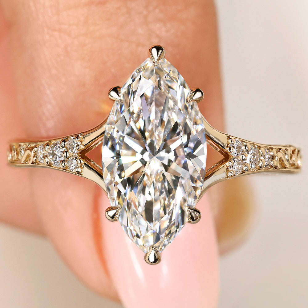 Marquise cut lab grown diamond ring with split shank
