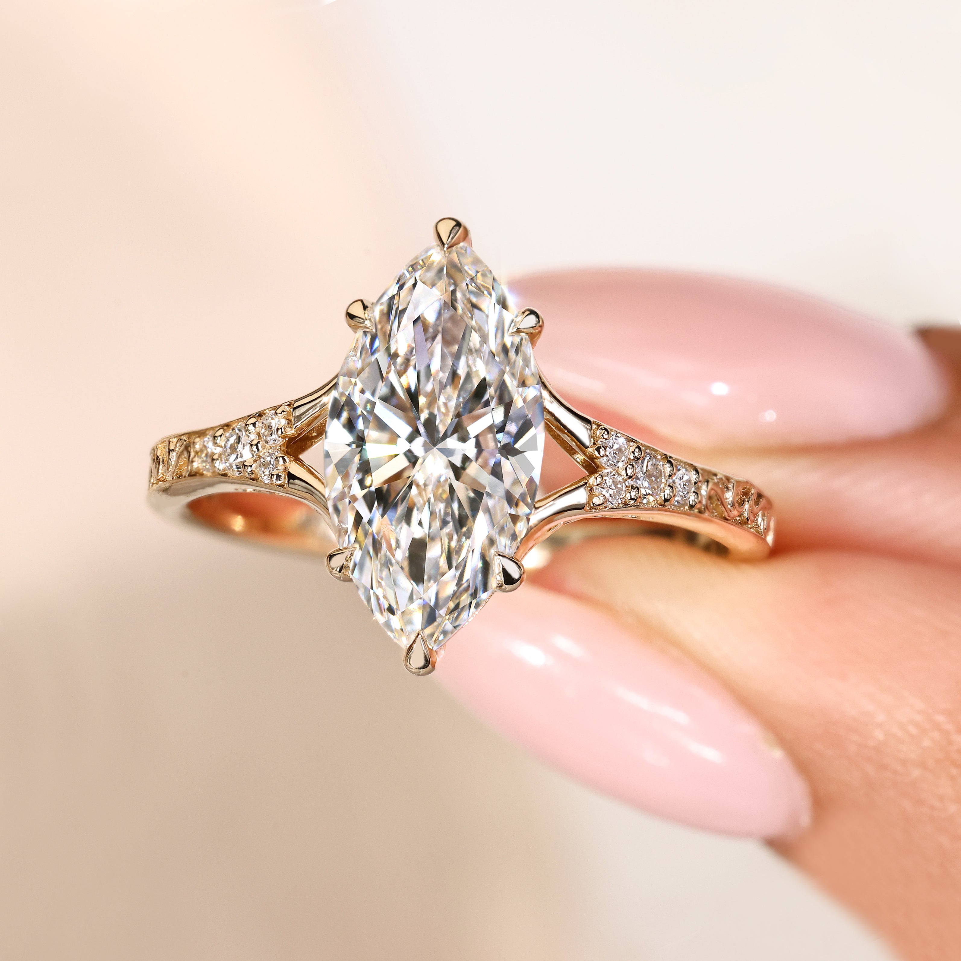 IGI certified marquise ring with art deco style details
