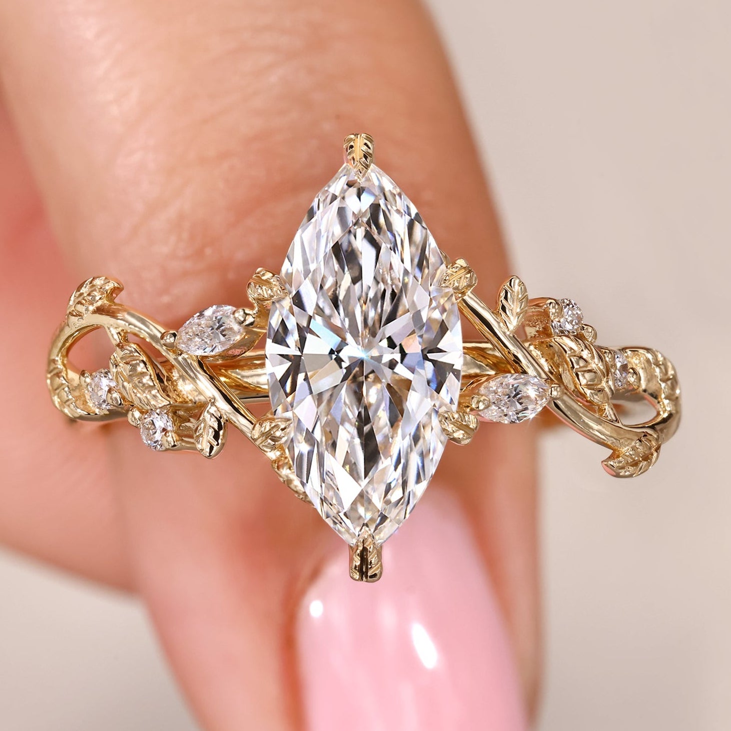 Marquise Cut Diamond Ring in Nature Inspired Style