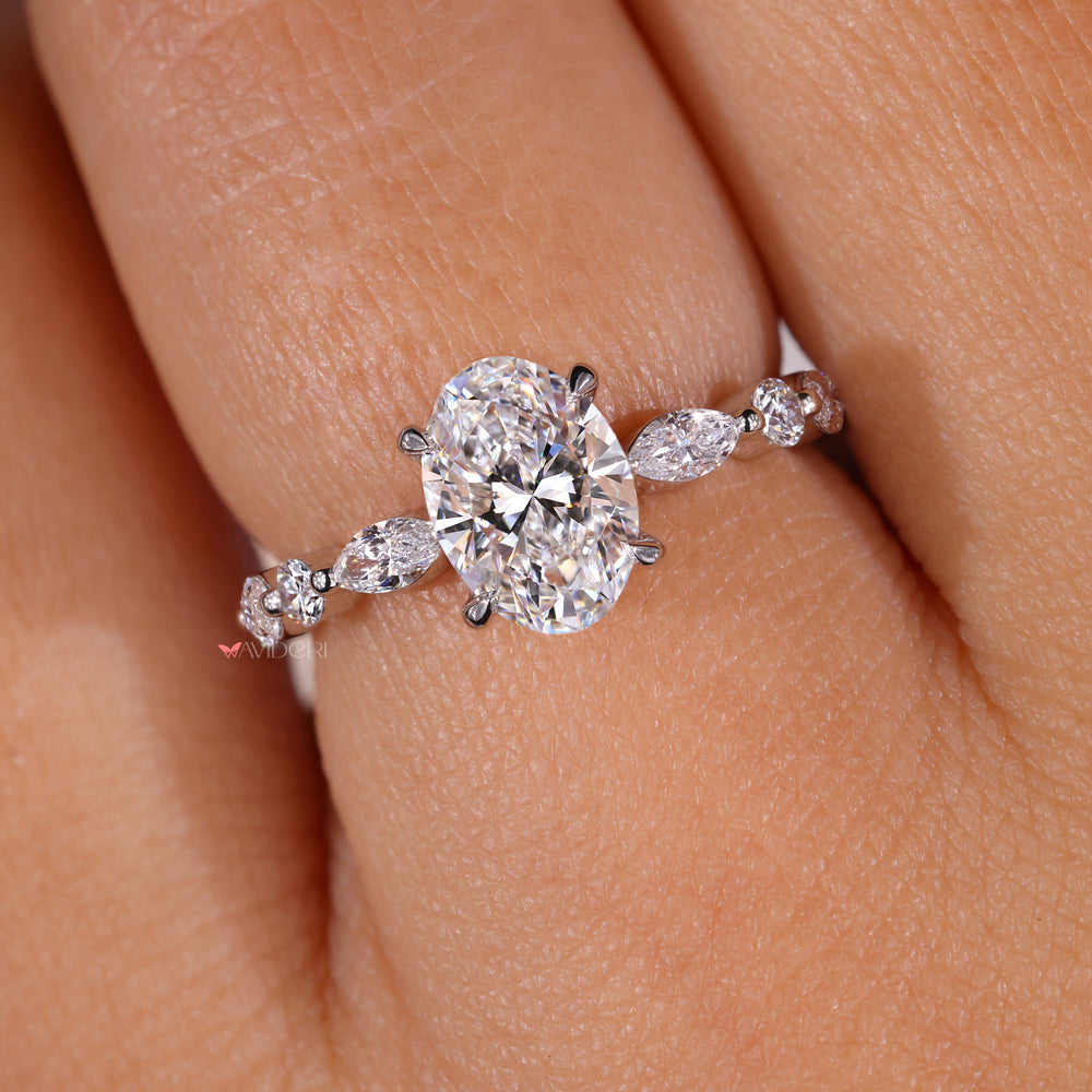Oval ring, Marquise and Round Side Stones, White Gold engagement ring.