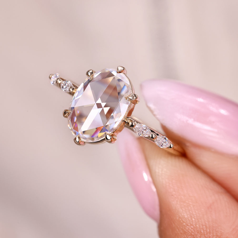 Oval rose cut ring, 6 claw prong ring, moissanite gold ring.