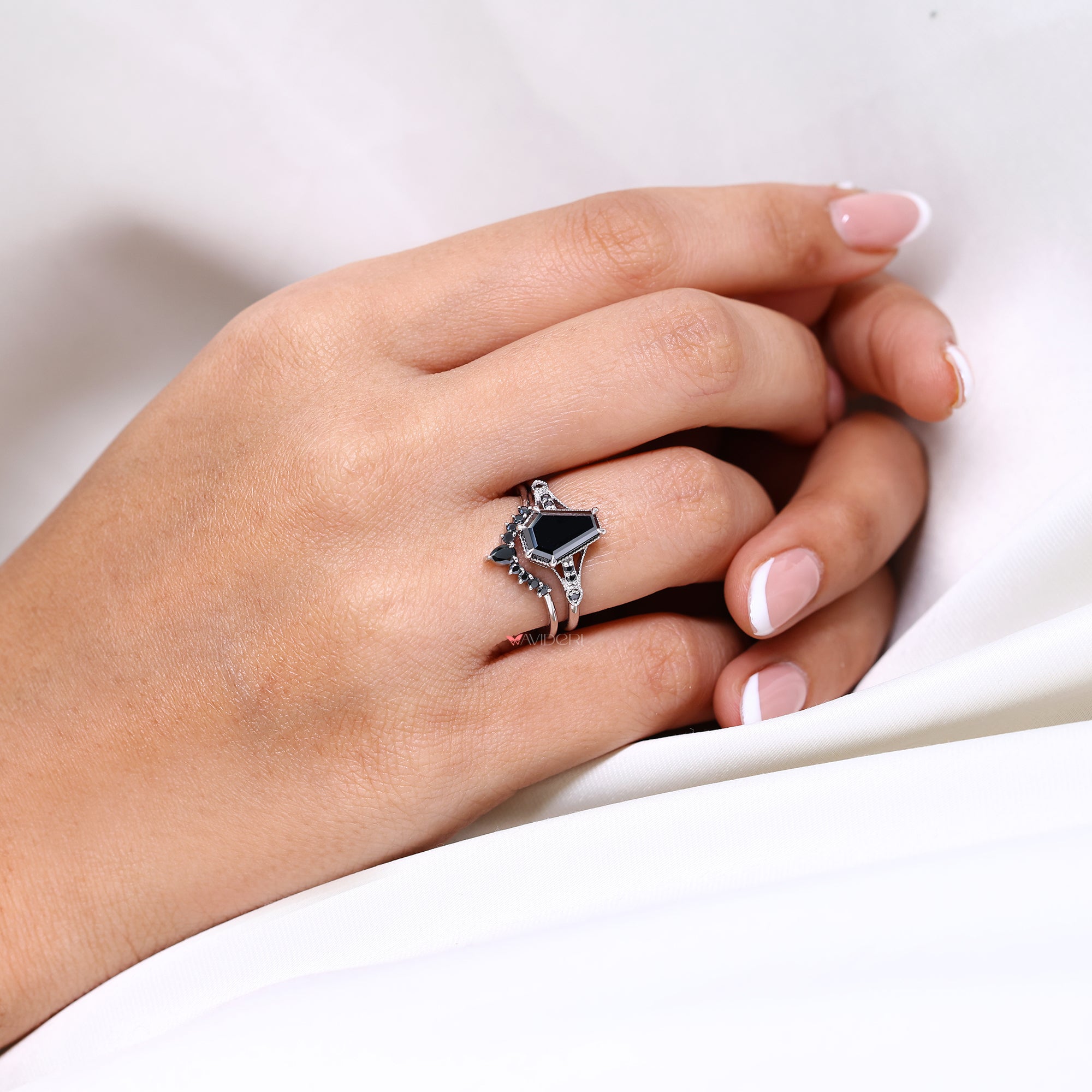 Coffin cut ring with band in custom Moissanite Bridal Set.
