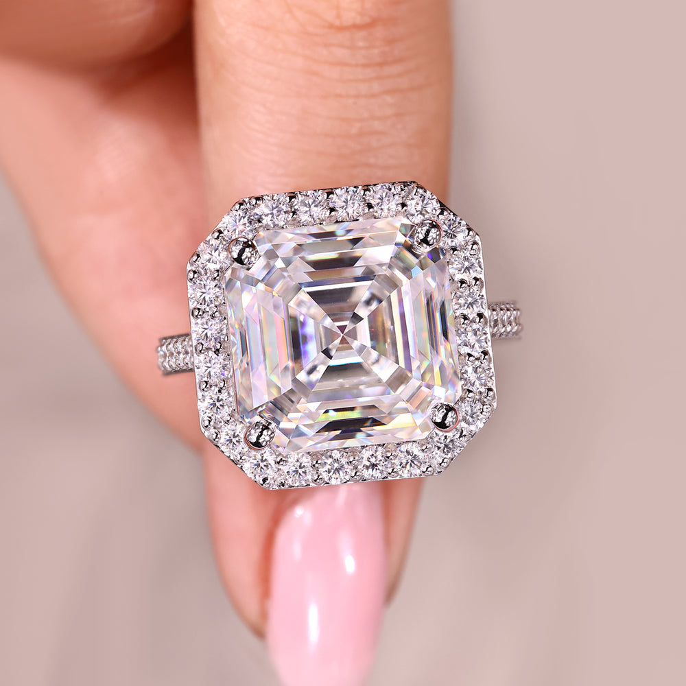 Asscher cut moissanite halo engagement ring handmade.