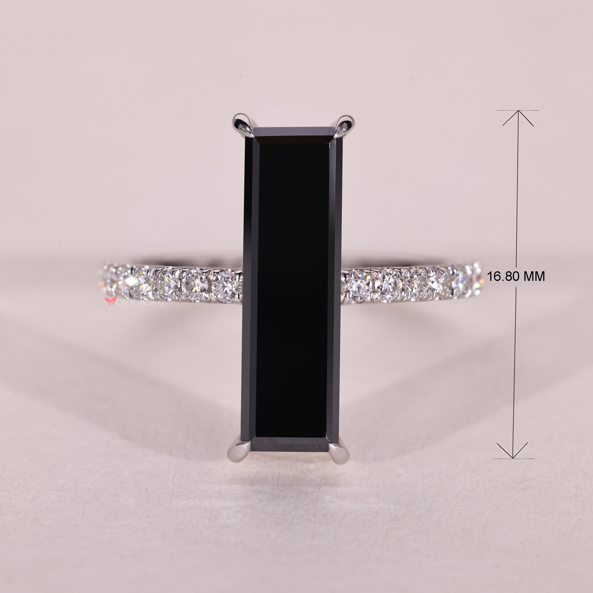 Long baguette black moissanite ring with bold elegance.