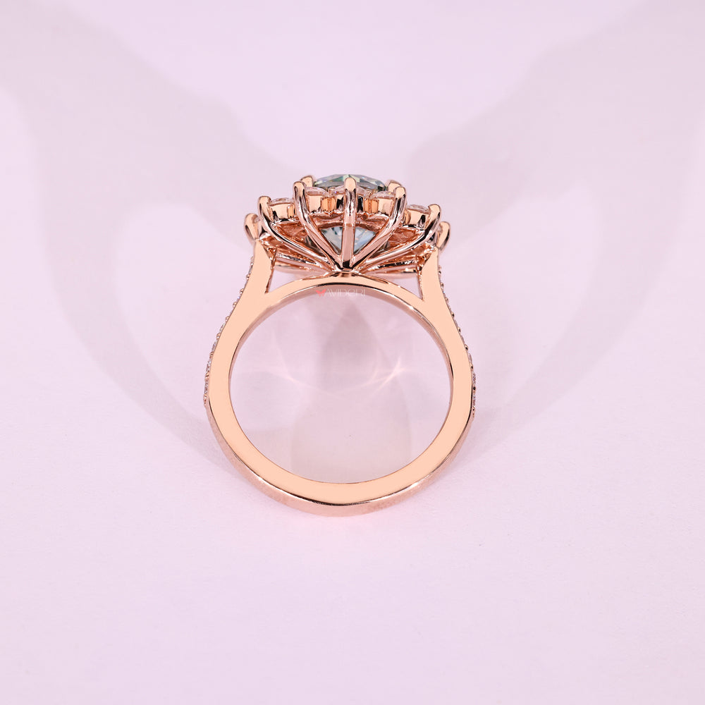 Handmade round moissanite ring with pave style.
