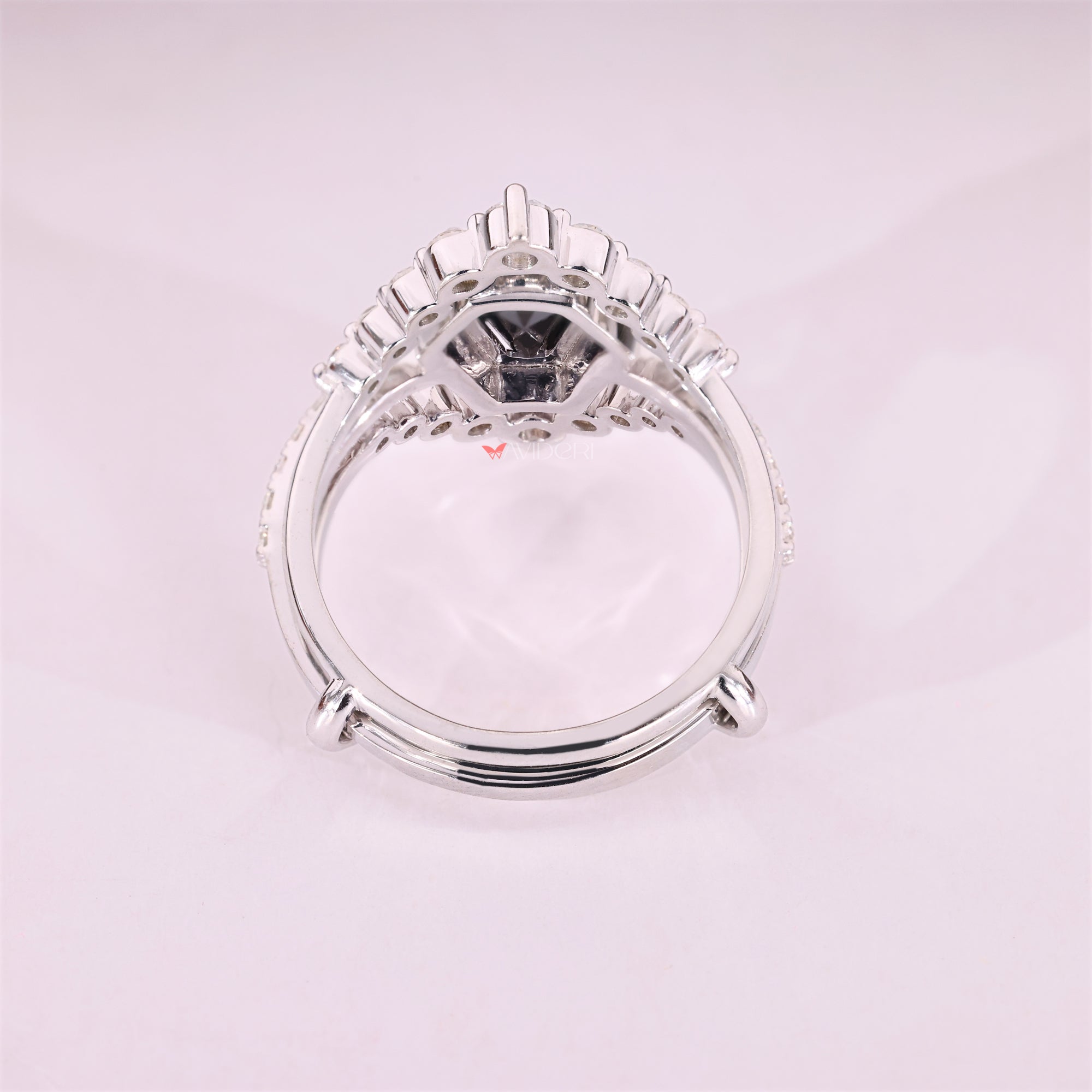 Double row pave band with a coffin engagement ring for extra sparkle.