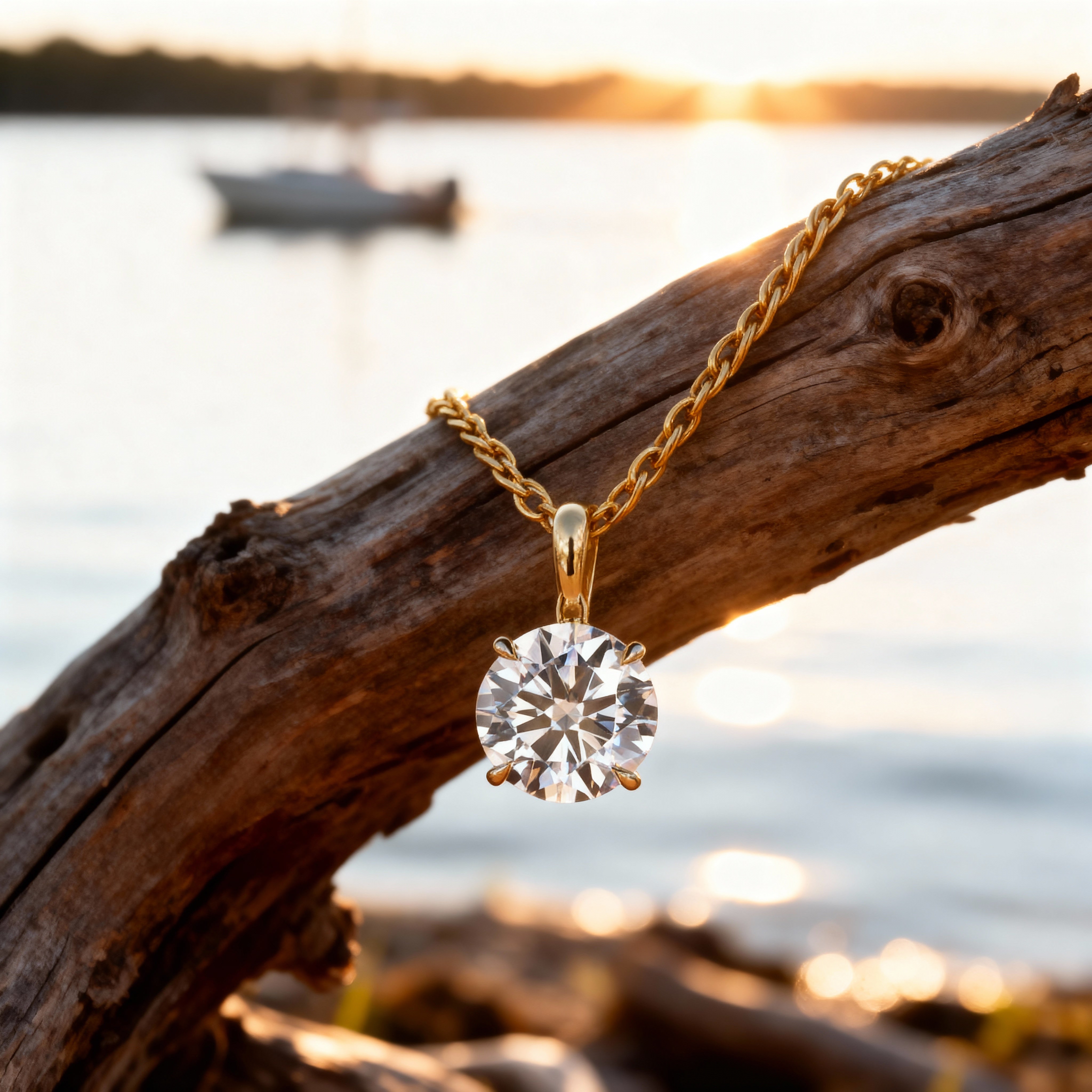 Gold necklace with a diamond pendant on a wooden log by a lake at sunset.