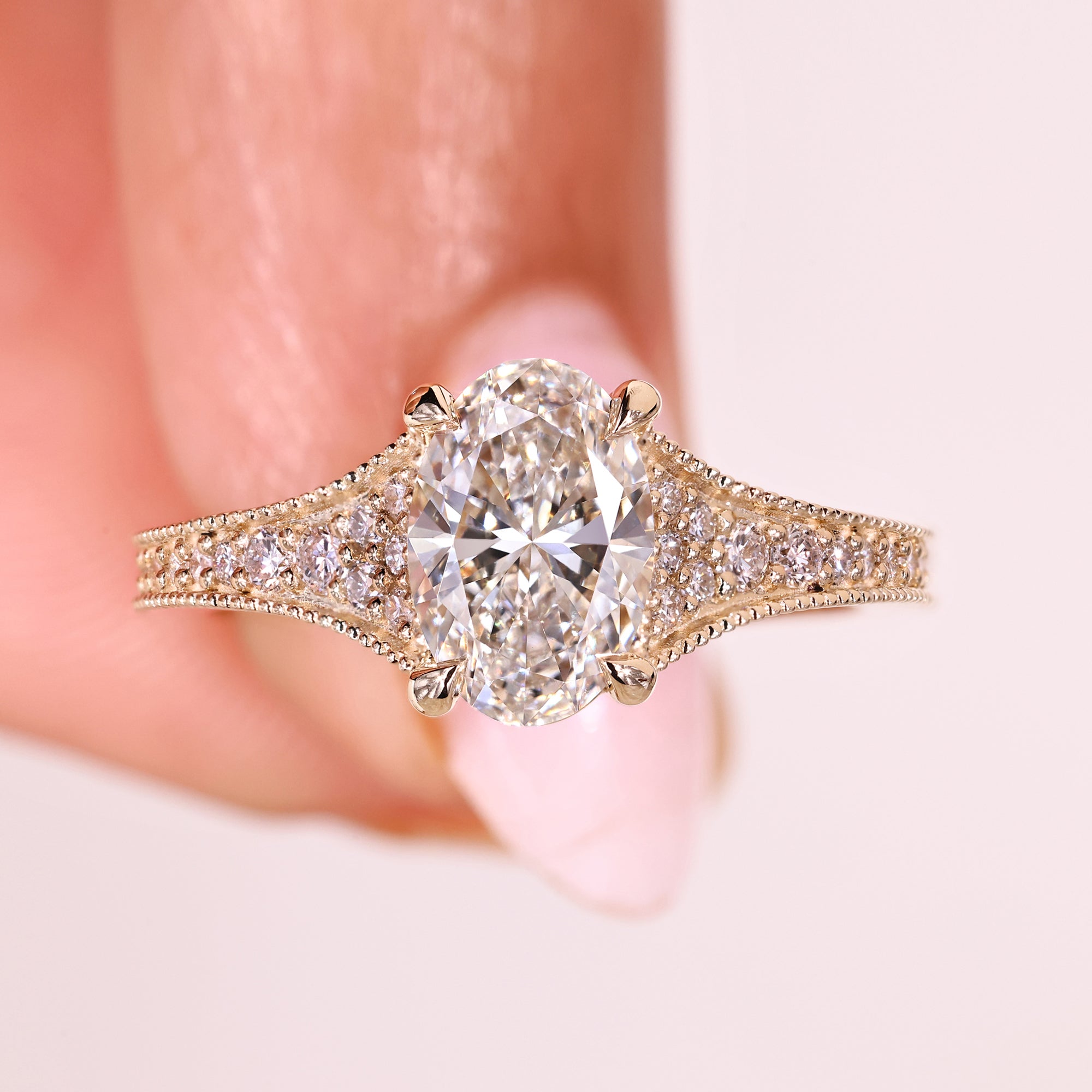 Oval cut diamond ring tapered pave vintage.
