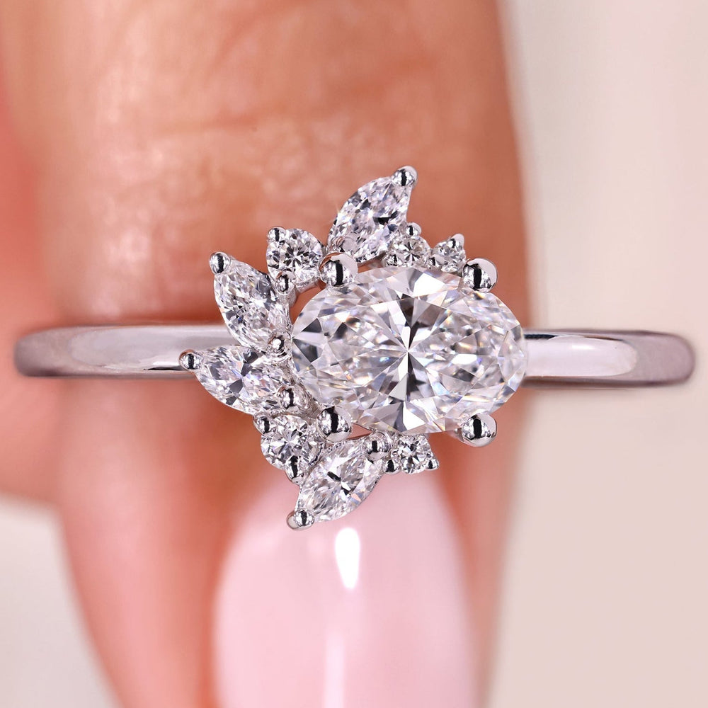 Oval cut diamond ring in east to west setting.
