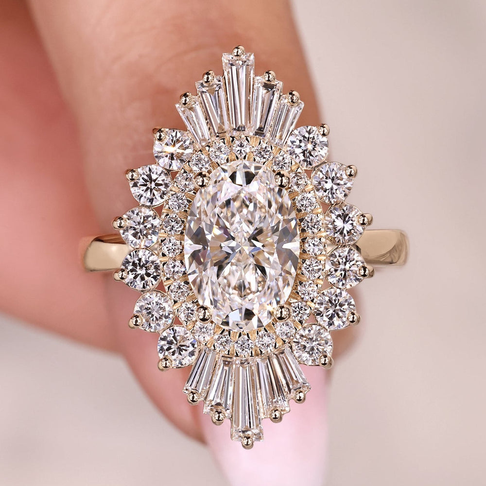 Oval diamond engagement ring with double halo setting.