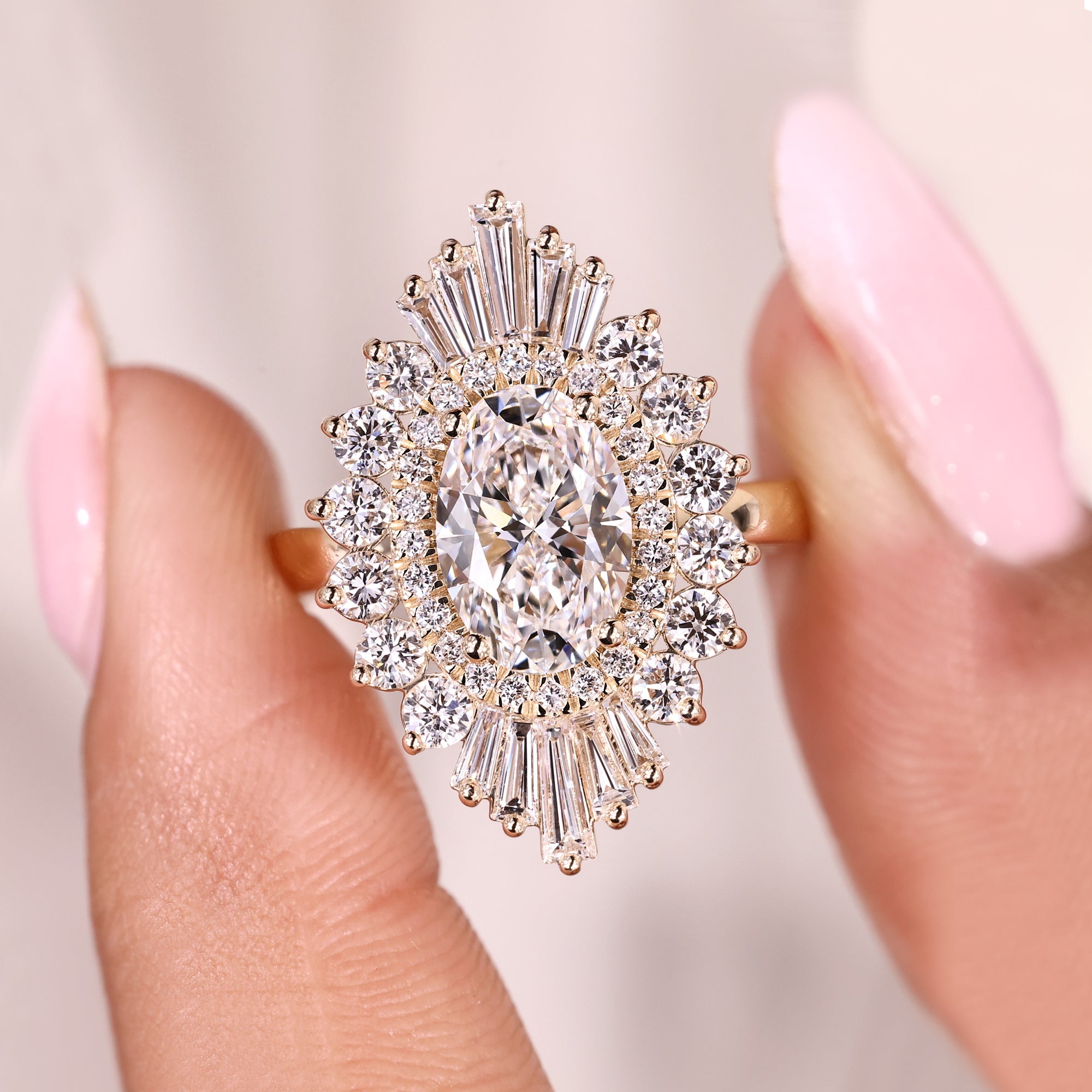 Oval lab grown diamond ring with four prongs.