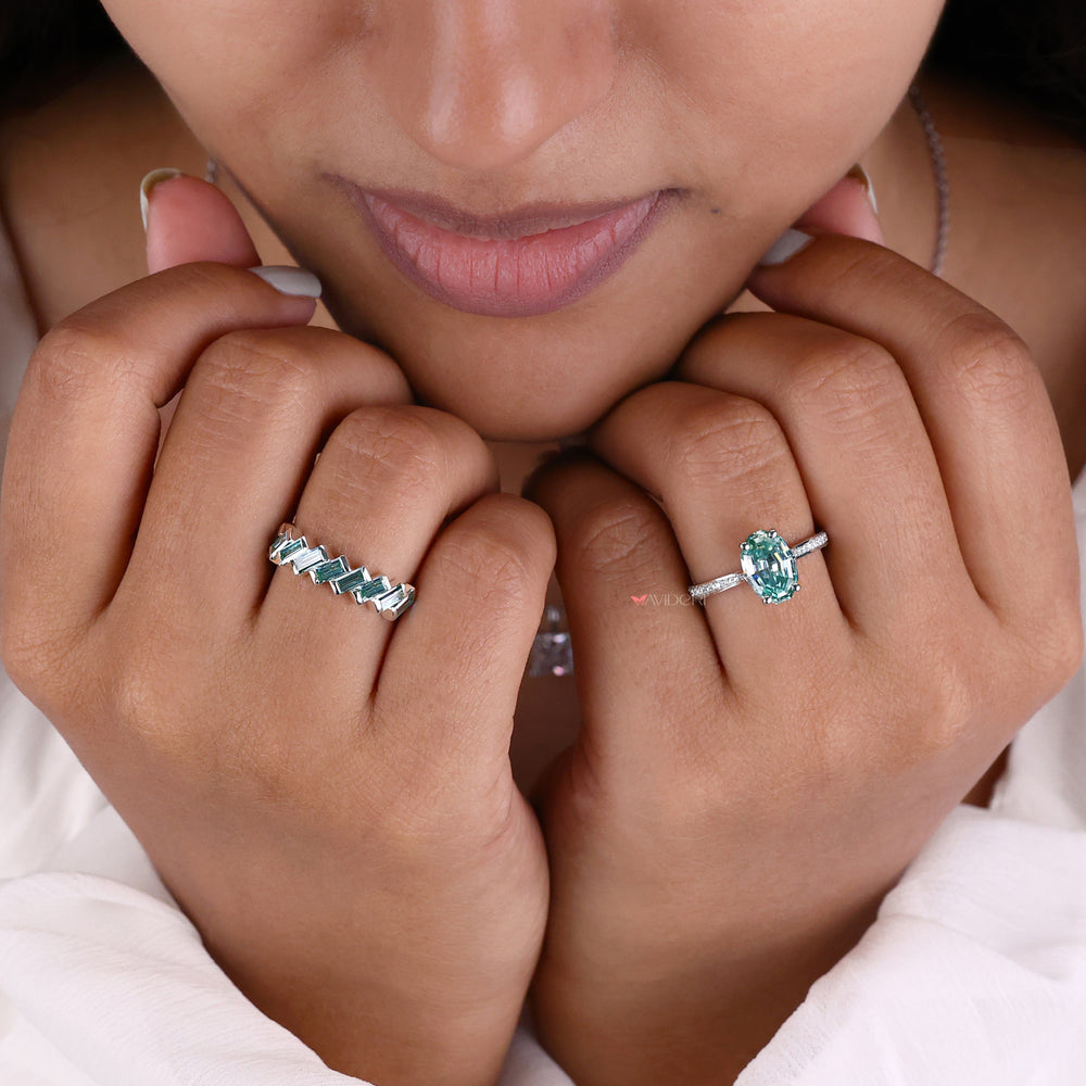 Handmade Jewelry highlighting custom Moissanite designs for the bridal set.