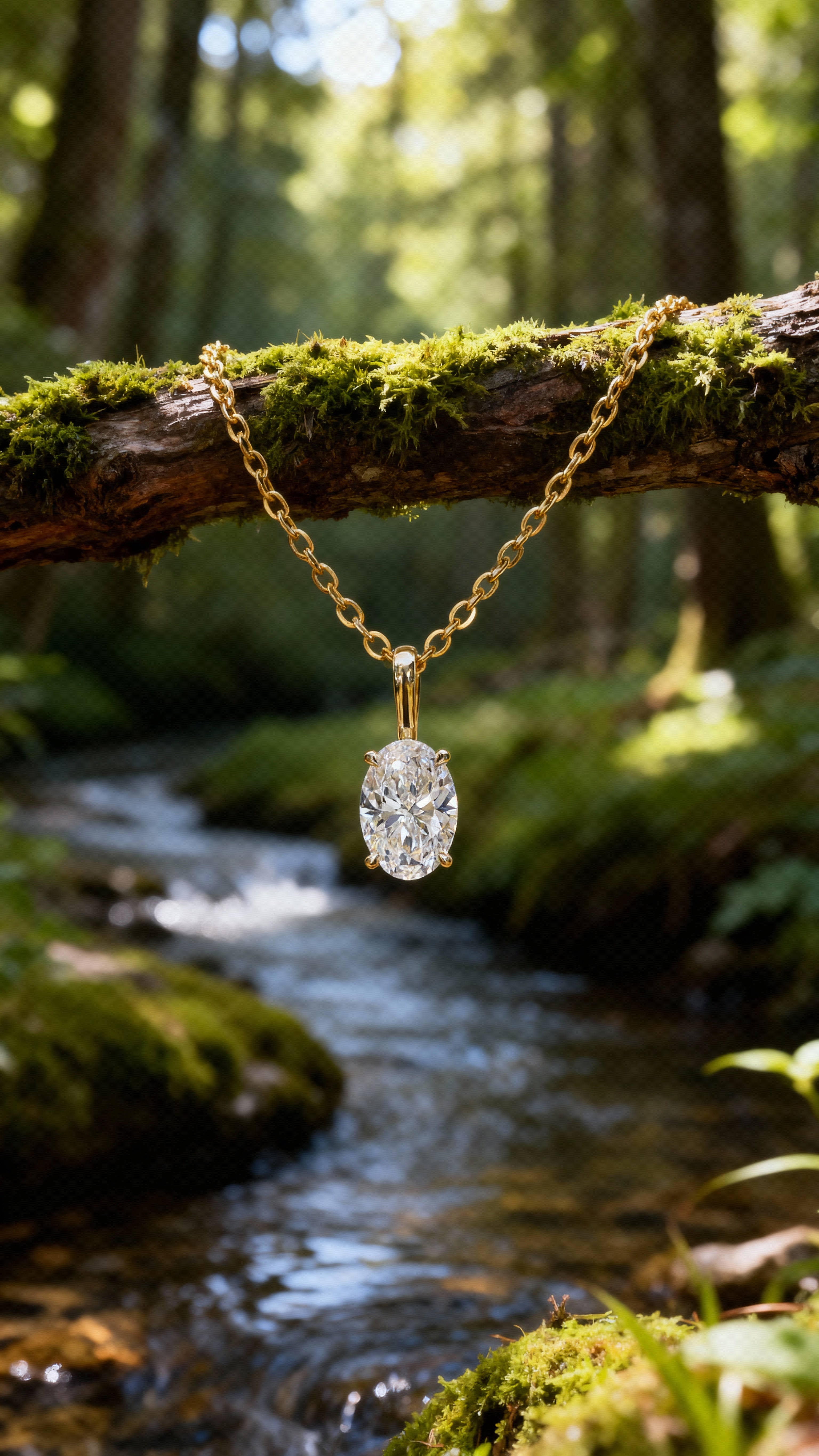 Diamond necklace hanging from a branch over a forest stream