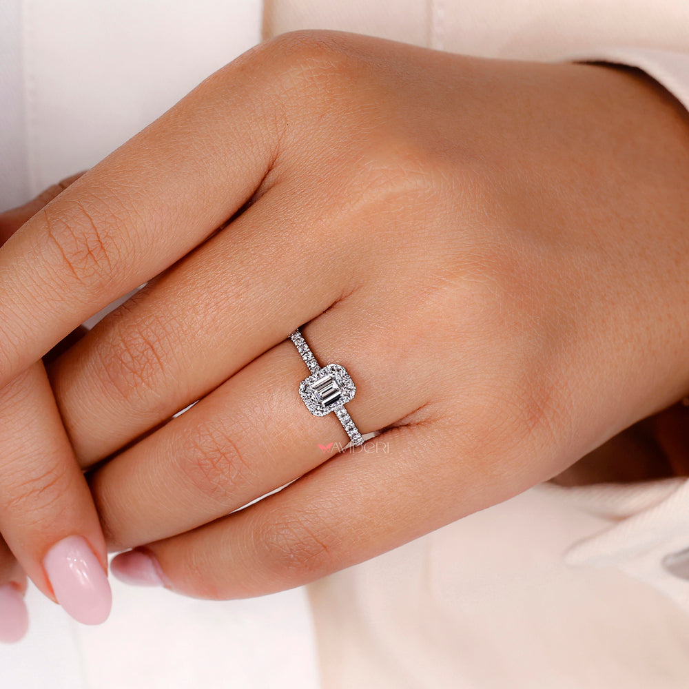 Halo diamond engagement ring with lab-grown diamonds.
