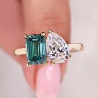Pear And Emerald Cut Ring With Green Moissanite