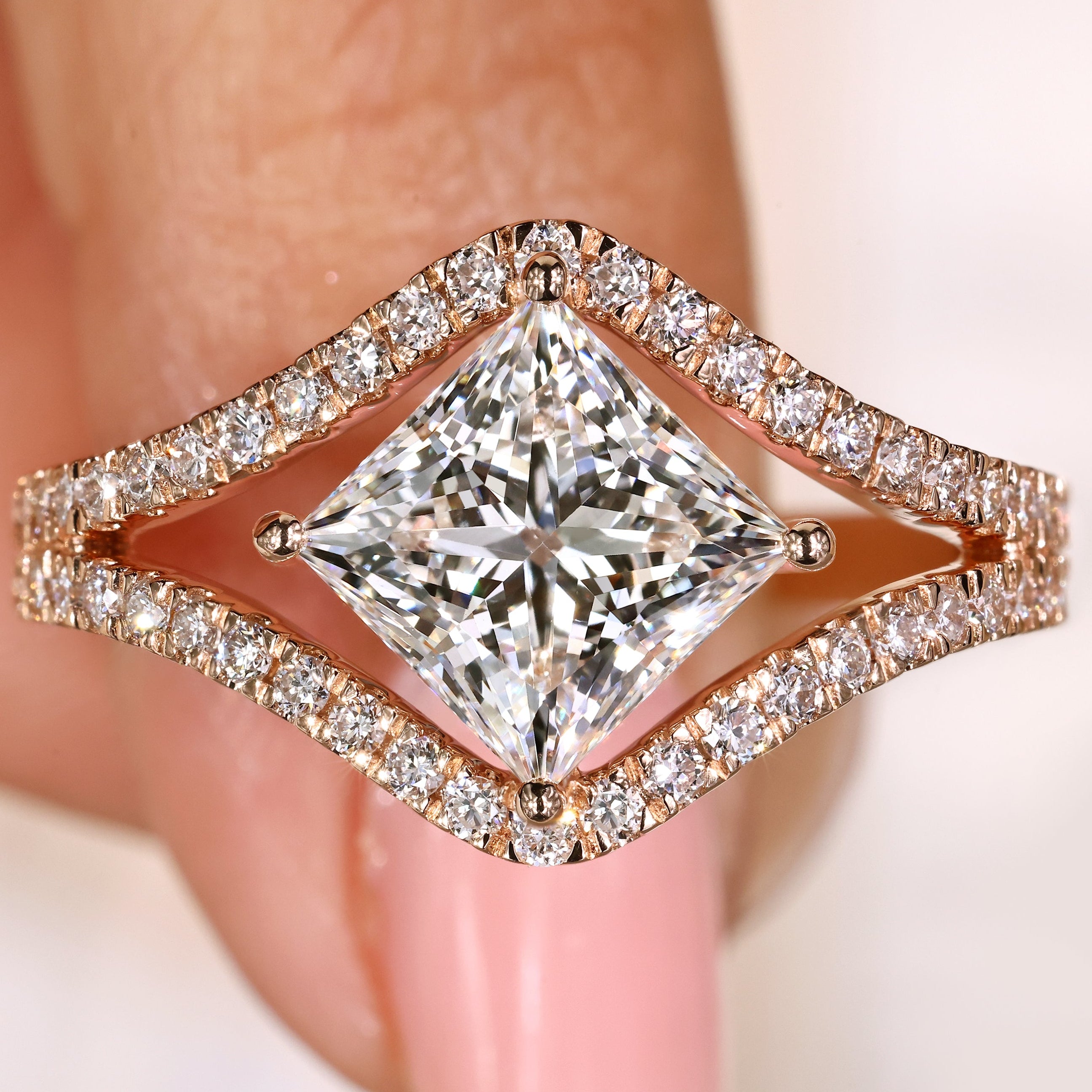 Princess cut lab grown diamond ring with split shank pave

