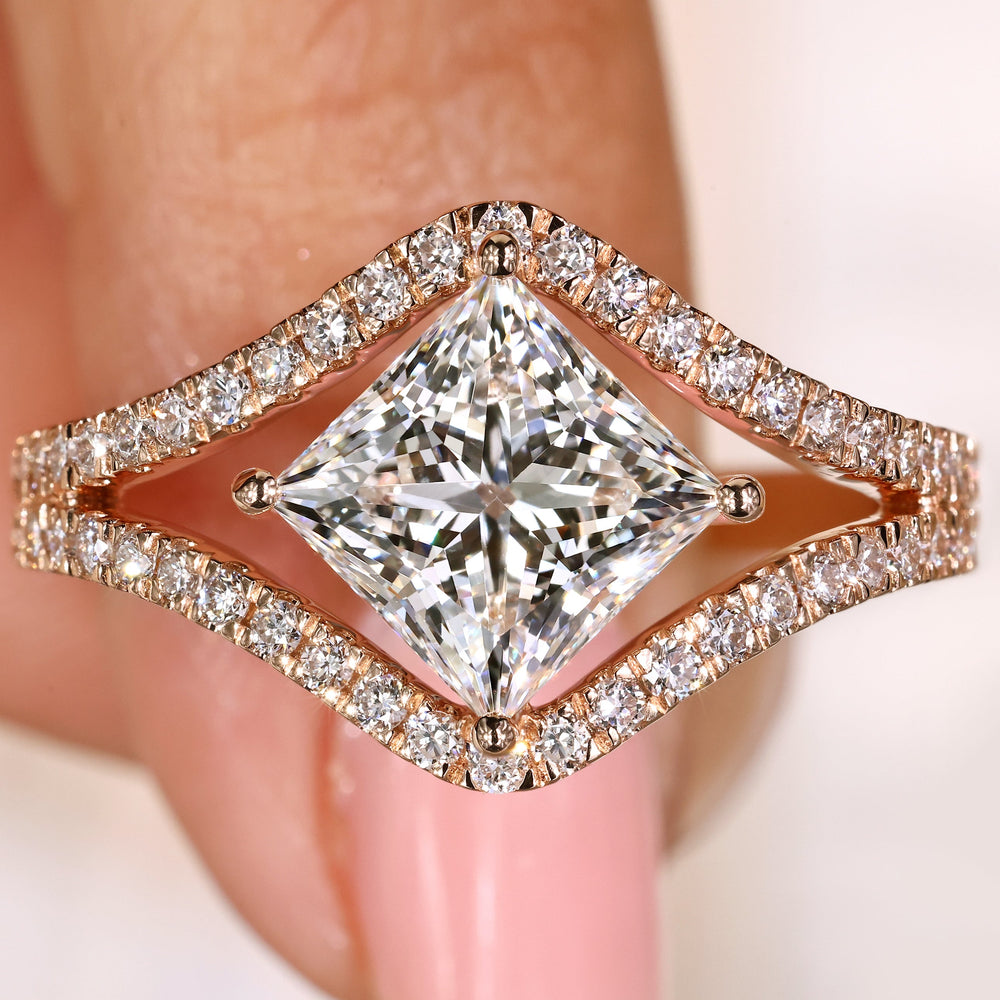Princess cut lab grown diamond ring with split shank pave
