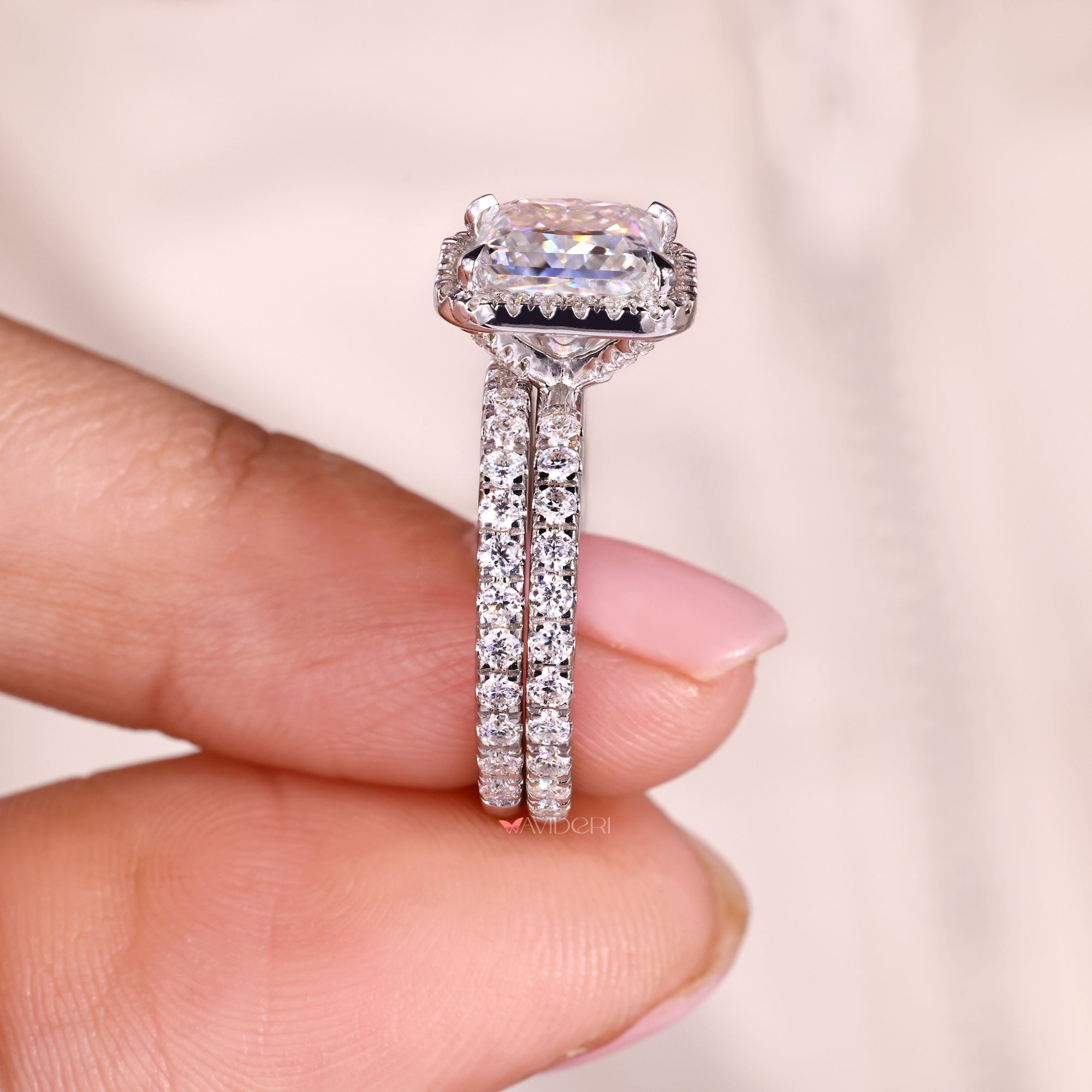 Pave setting ring on princess cut bridal set.
