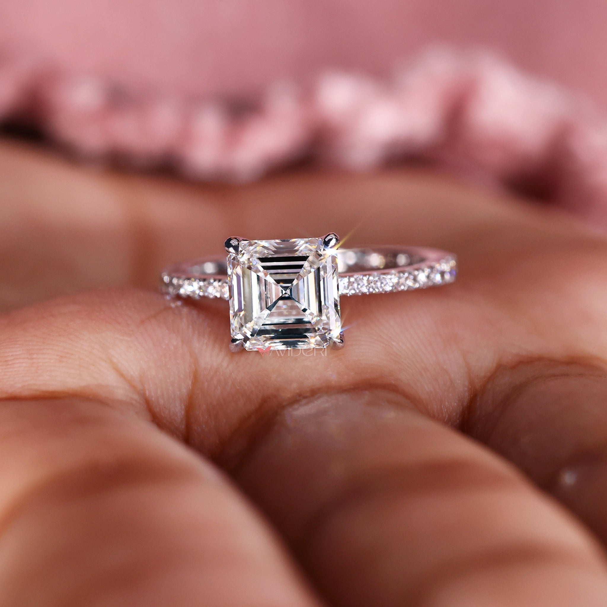 Pave ring diamond featuring IGI certified Lab Grown Diamonds in an Asscher cut engagement ring style.
