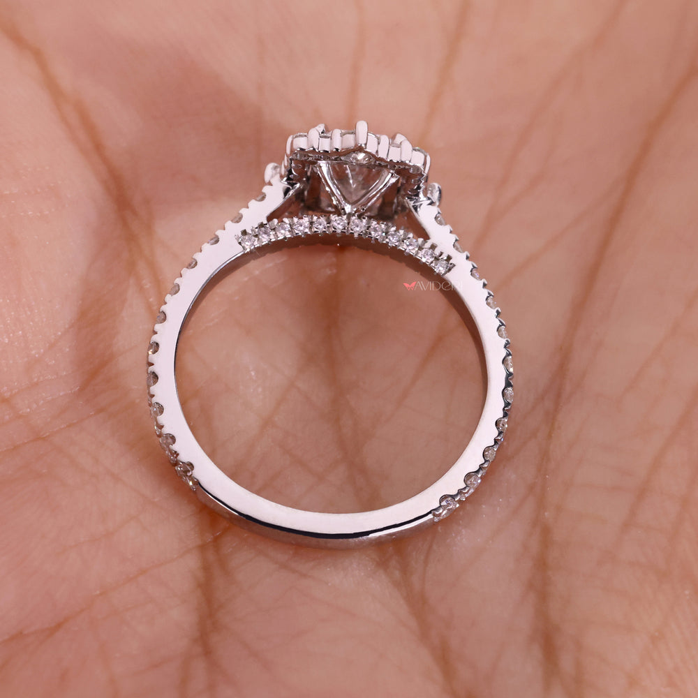 Unique engagement ring with a round engagement ring design and lab grown diamond.
