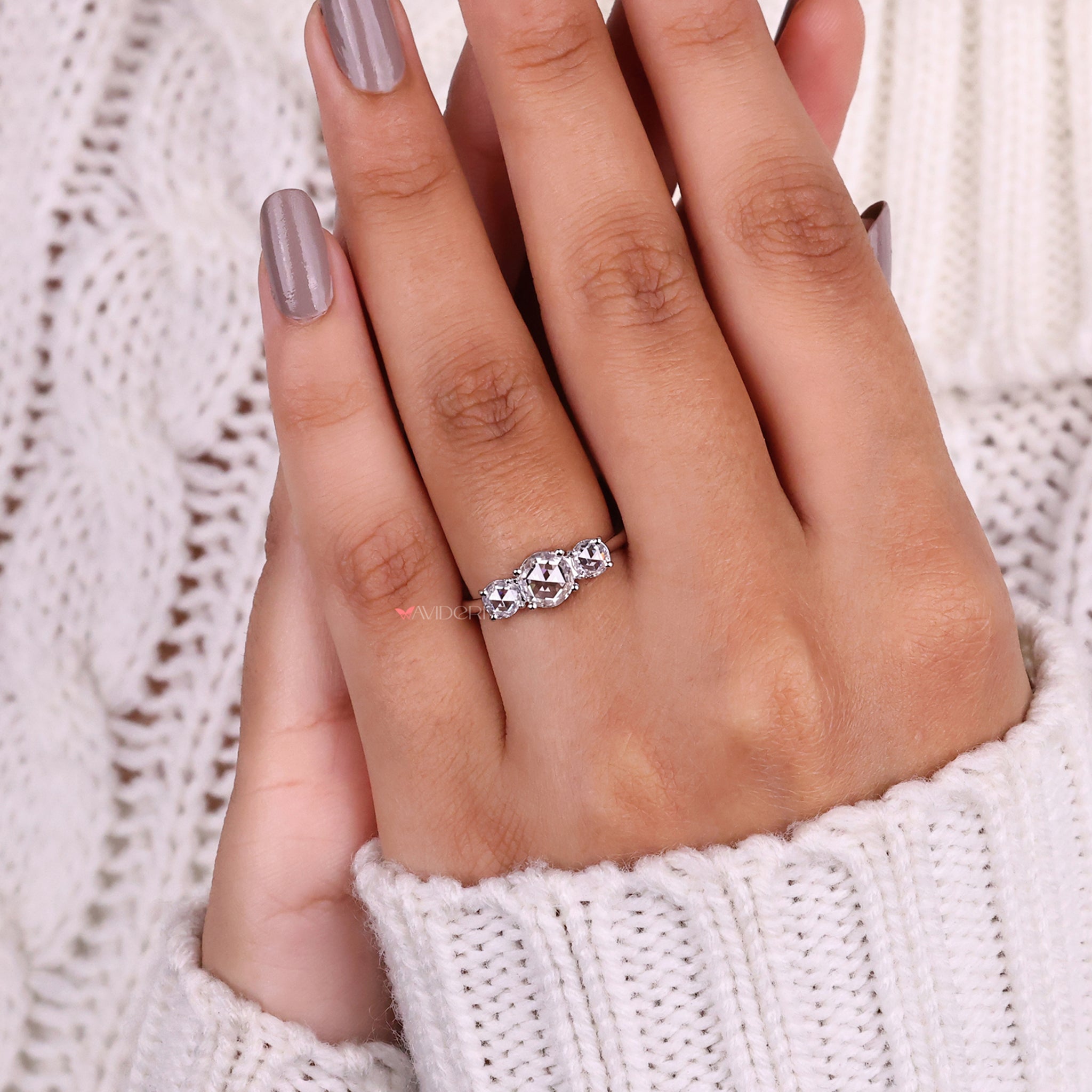 Rose cut ring, three stone engagement ring diamond, gold engagement ring
