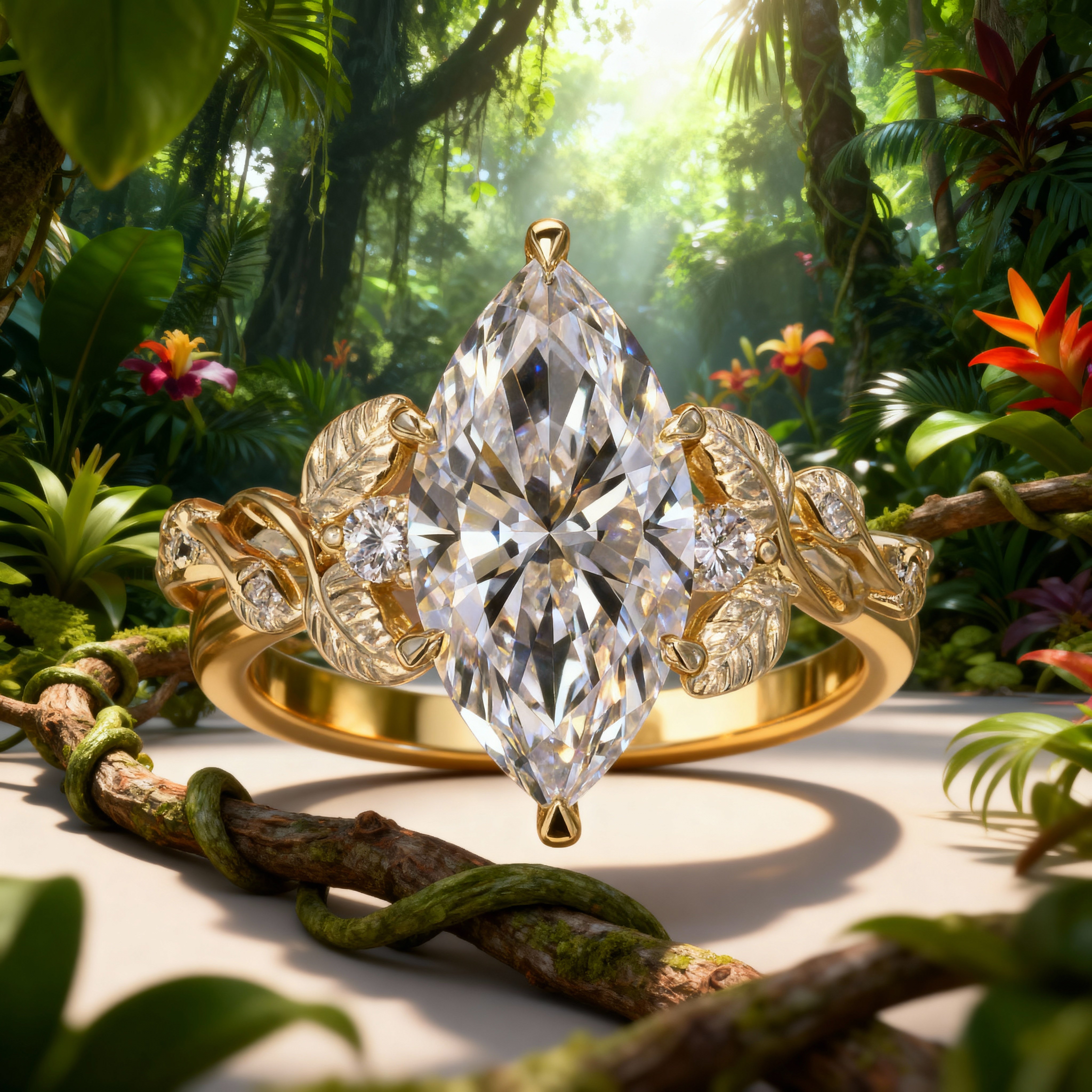 Gold ring with a large diamond in a jungle setting