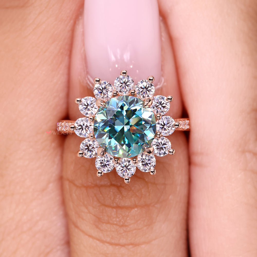 Handmade cyan blue moissanite ring cluster style.
