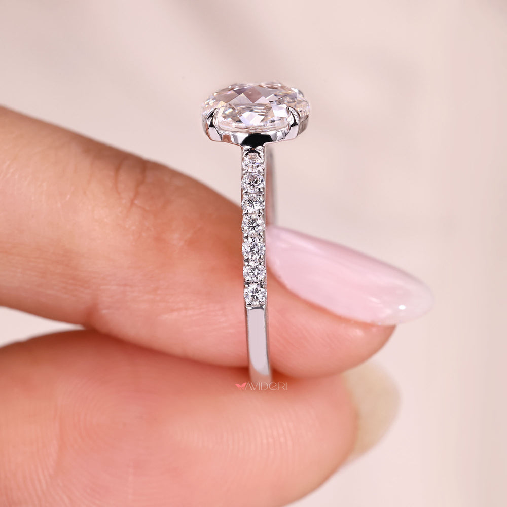 Lab grown round rose cut diamond ring with open gallery.
