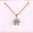 Round solitaire pendant with four claw prong setting in yellow gold.
