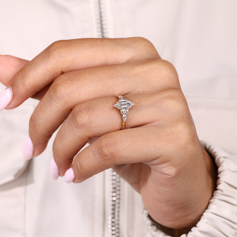 IGI certified hexagon diamond ring with four prong setting
