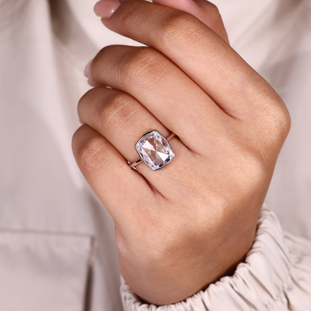 Modern cushion rose cut moissanite solitaire ring.
