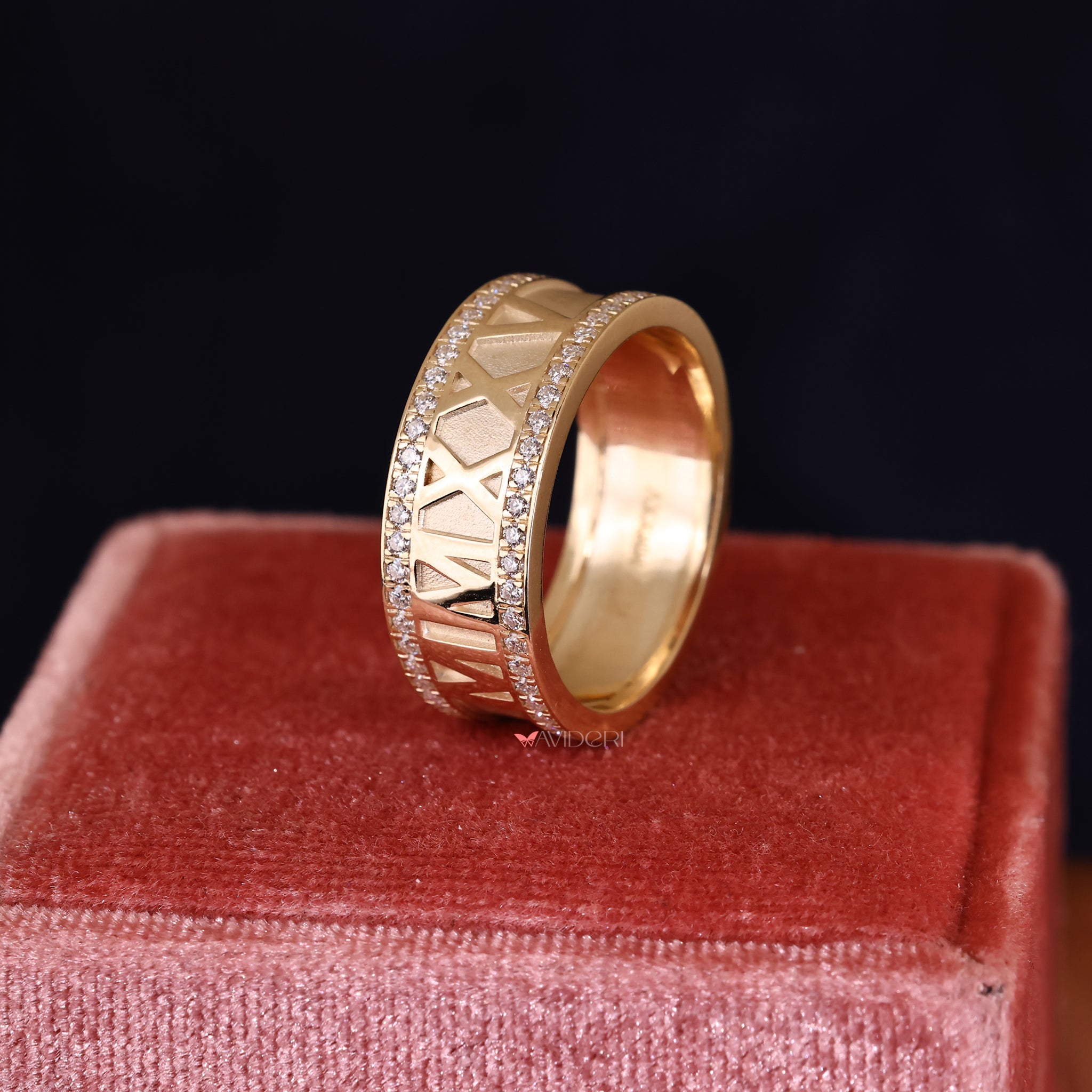 Double row Pave wedding band gives maximum sparkle with sleek design.
