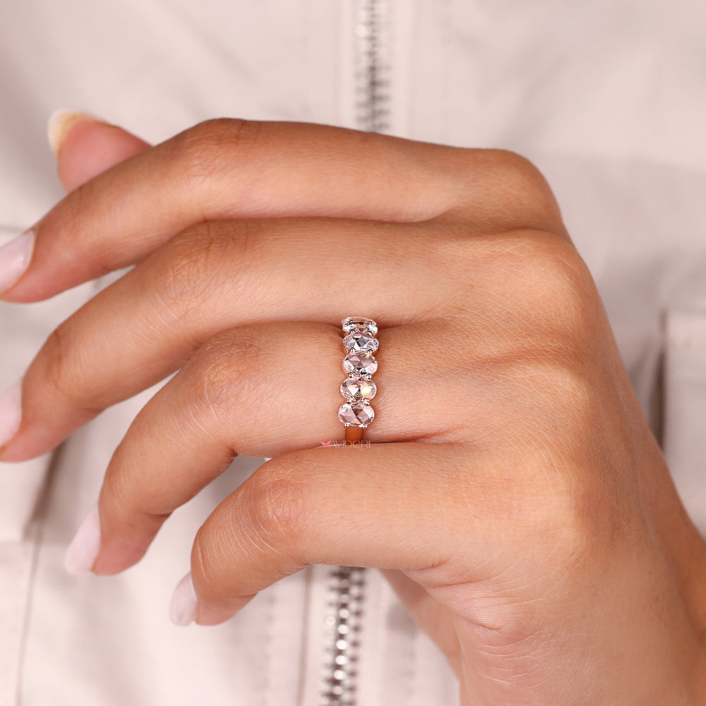 Lab grown diamond wedding band with oval rose cut stones.