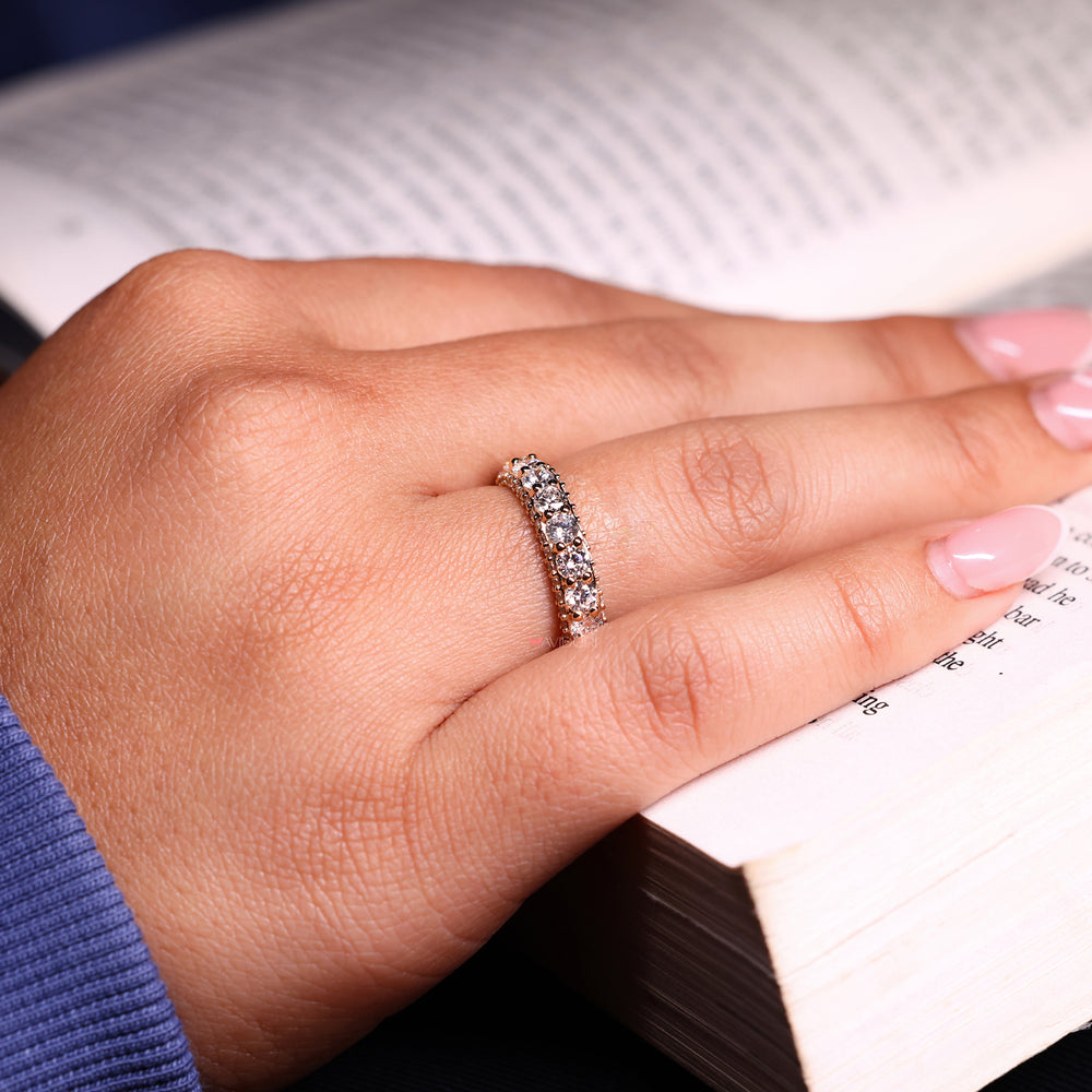 Full eternity wedding band with round diamonds for a classic look.

