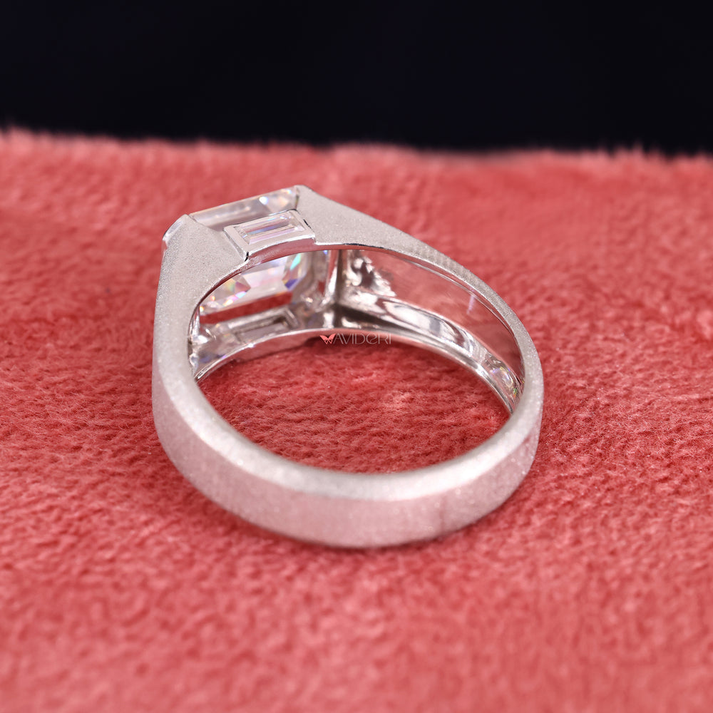 Wedding bands for men come in many styles, including half bezel settings.
