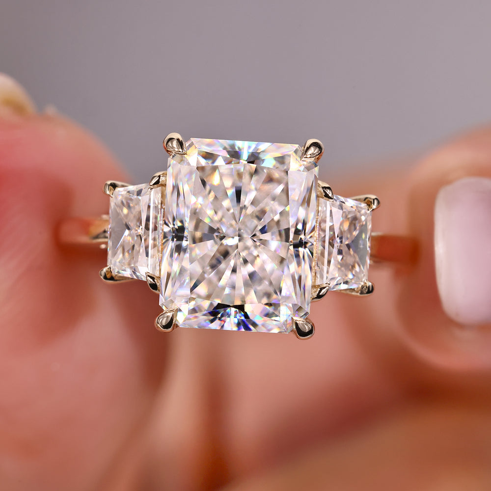 Elegant radiant cut moissanite engagement ring.
