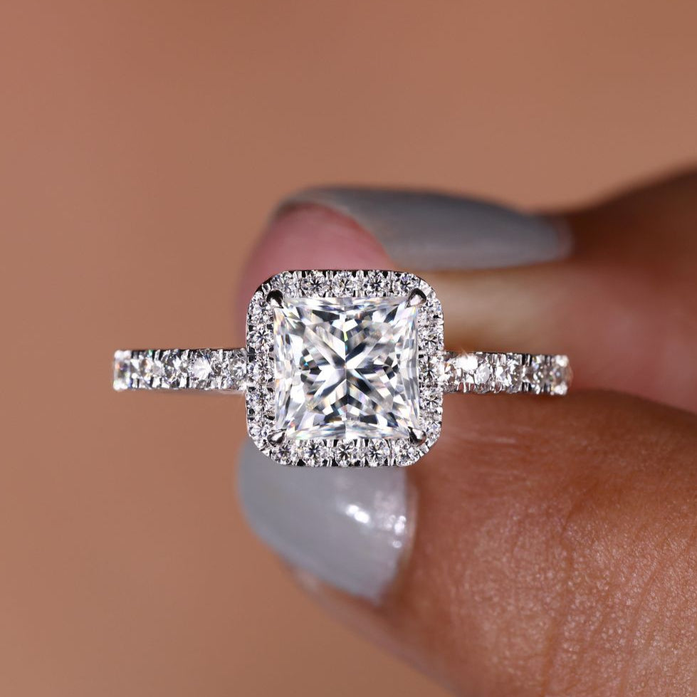 Moissanite princess cut ring in a stunning design.
