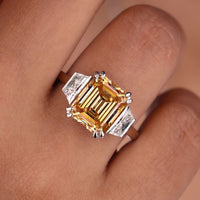 3 Stone Emerald And Trapezoid Cut Moissanite Ring
