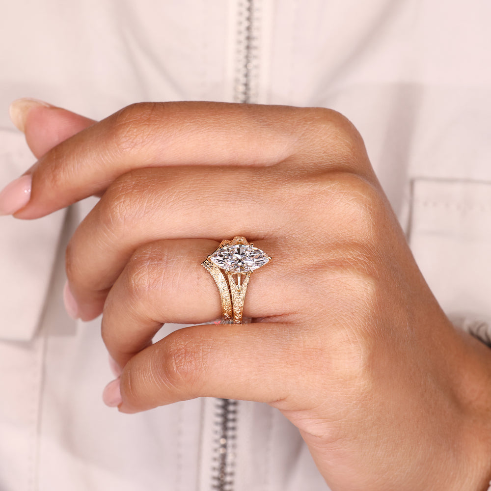Handmade art deco marquise solitaire ring with vintage eternity band.