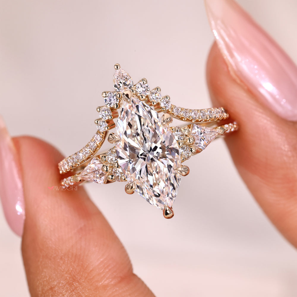 Engagement ring with tapered shank and band.
