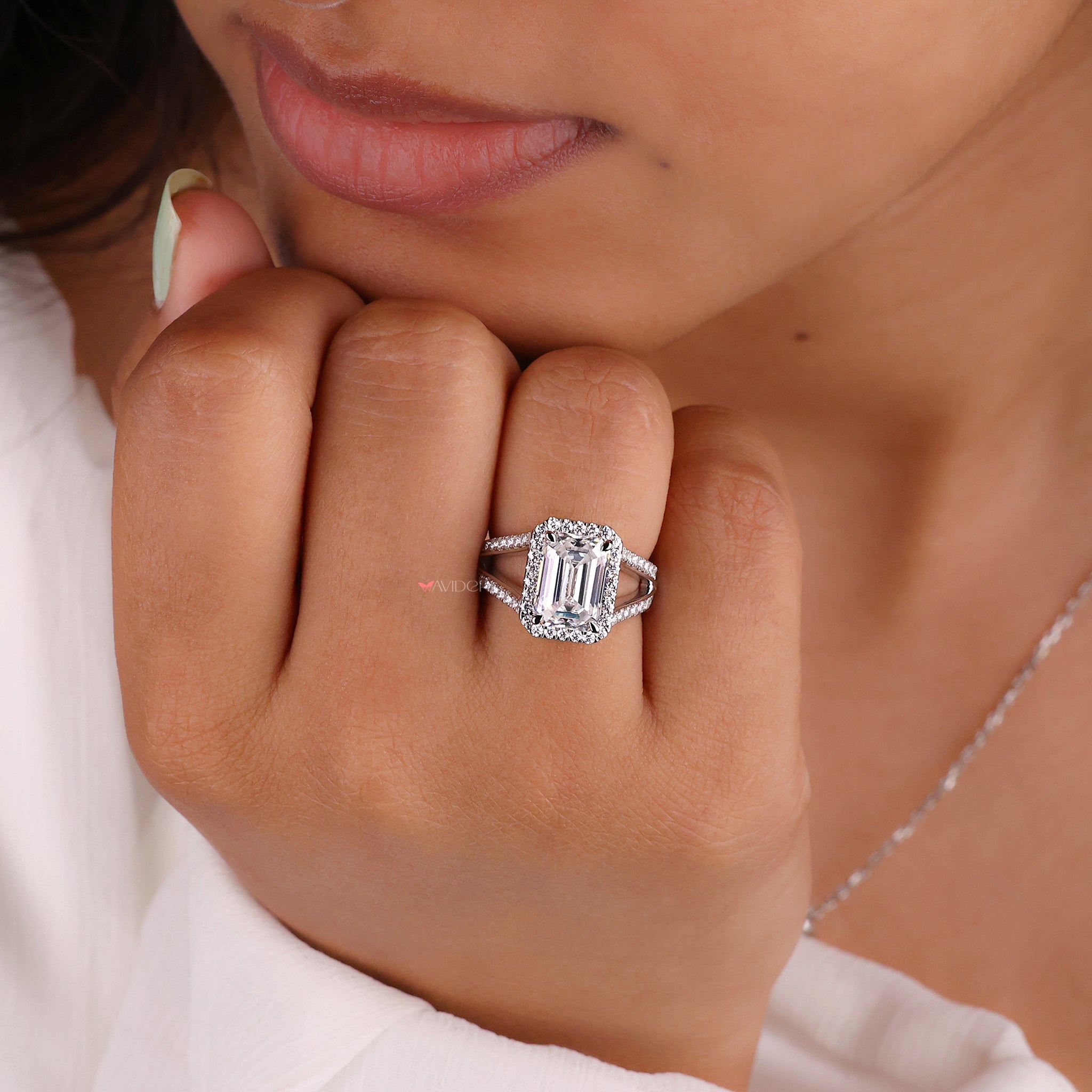 Pave split shank setting engagement ring for a unique, modern design.
