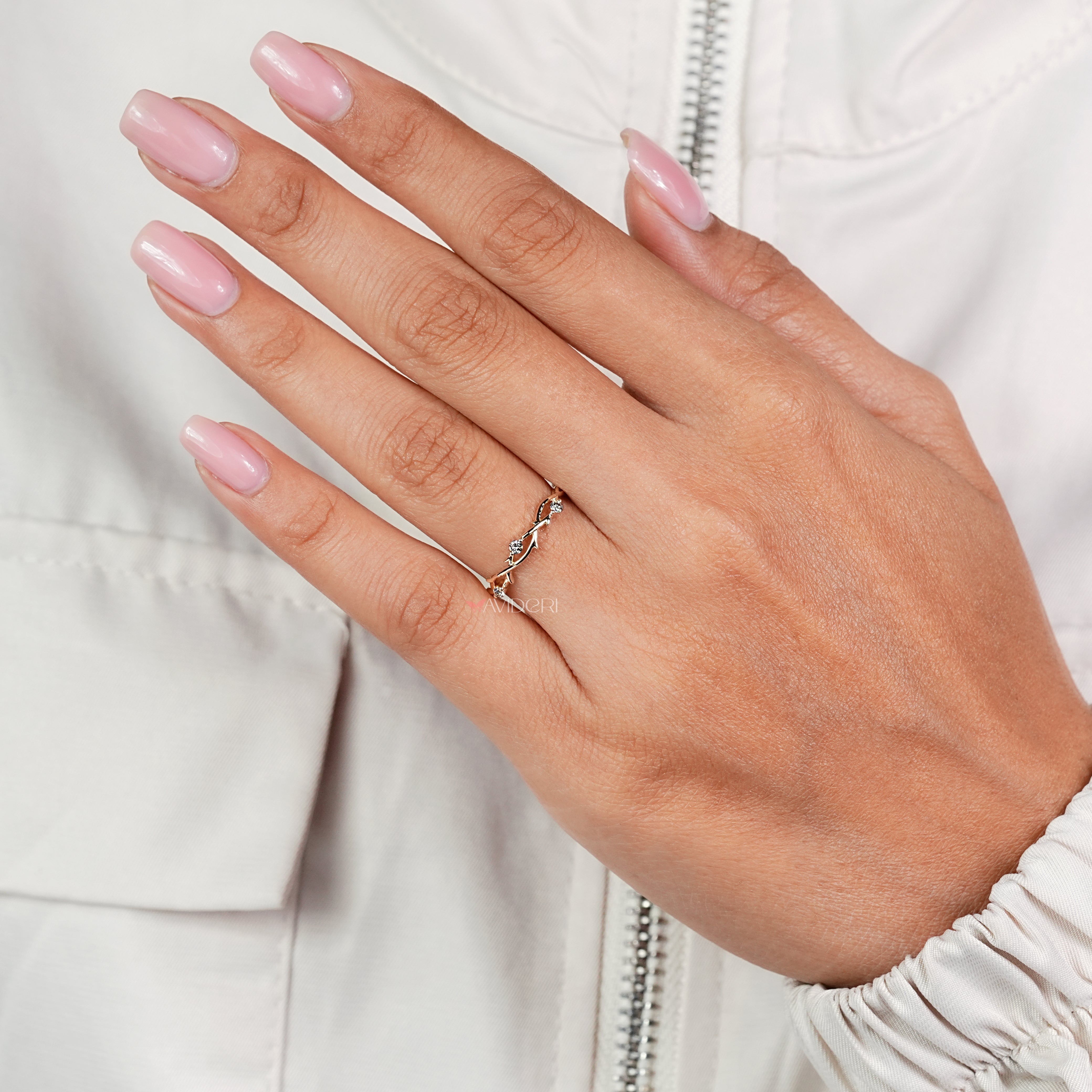 Handmade nature inspired wedding band with round diamonds
