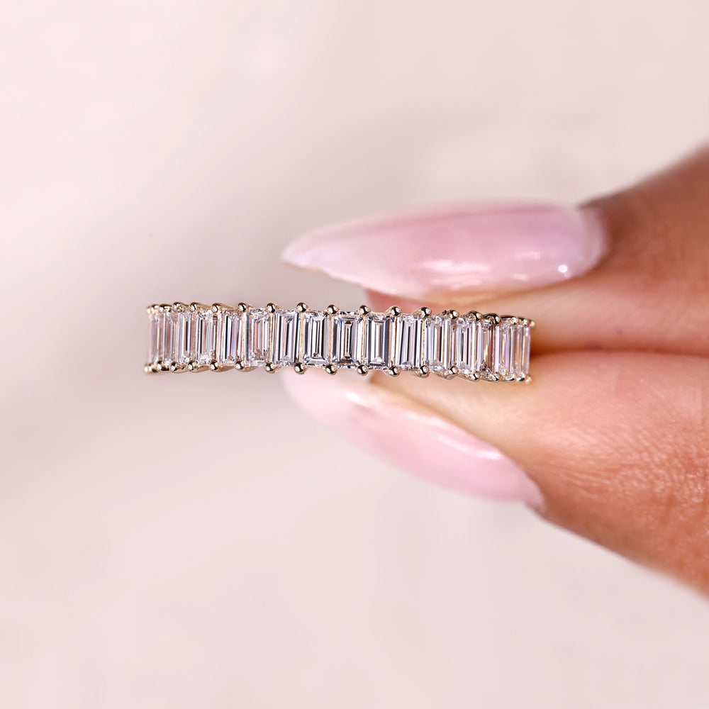 Baguette diamond band with prong setting style.

