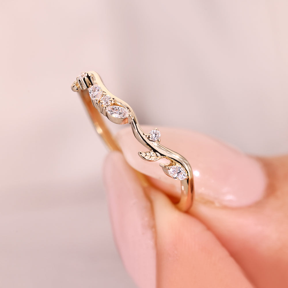 Nature inspired wedding band with lab grown diamonds.
