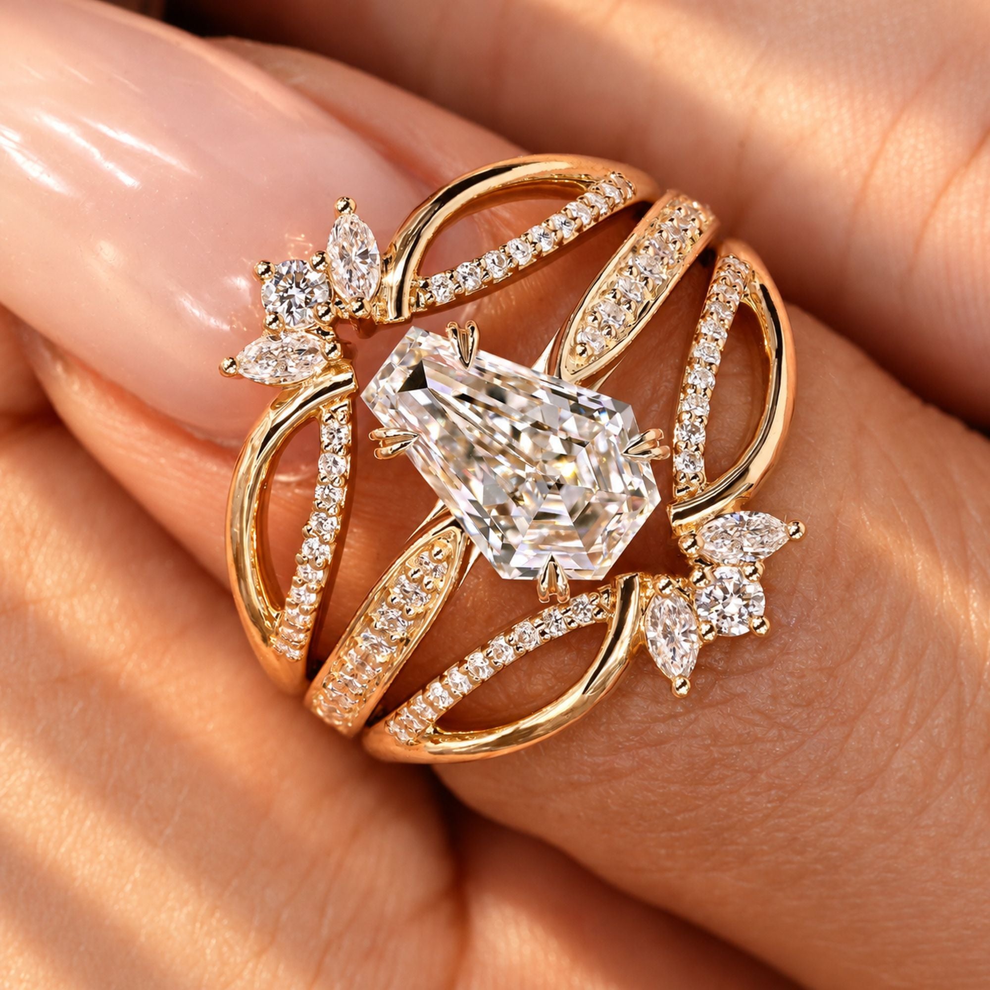 Handmade coffin cut diamond ring with curved band.
