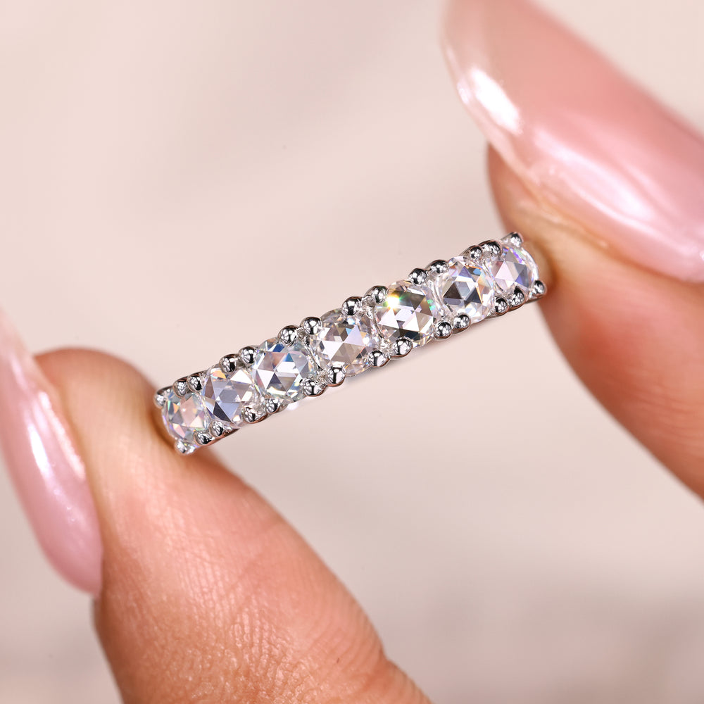 Rose cut wedding ring reflects vintage charm with soft, glowing facets and clean styling.
