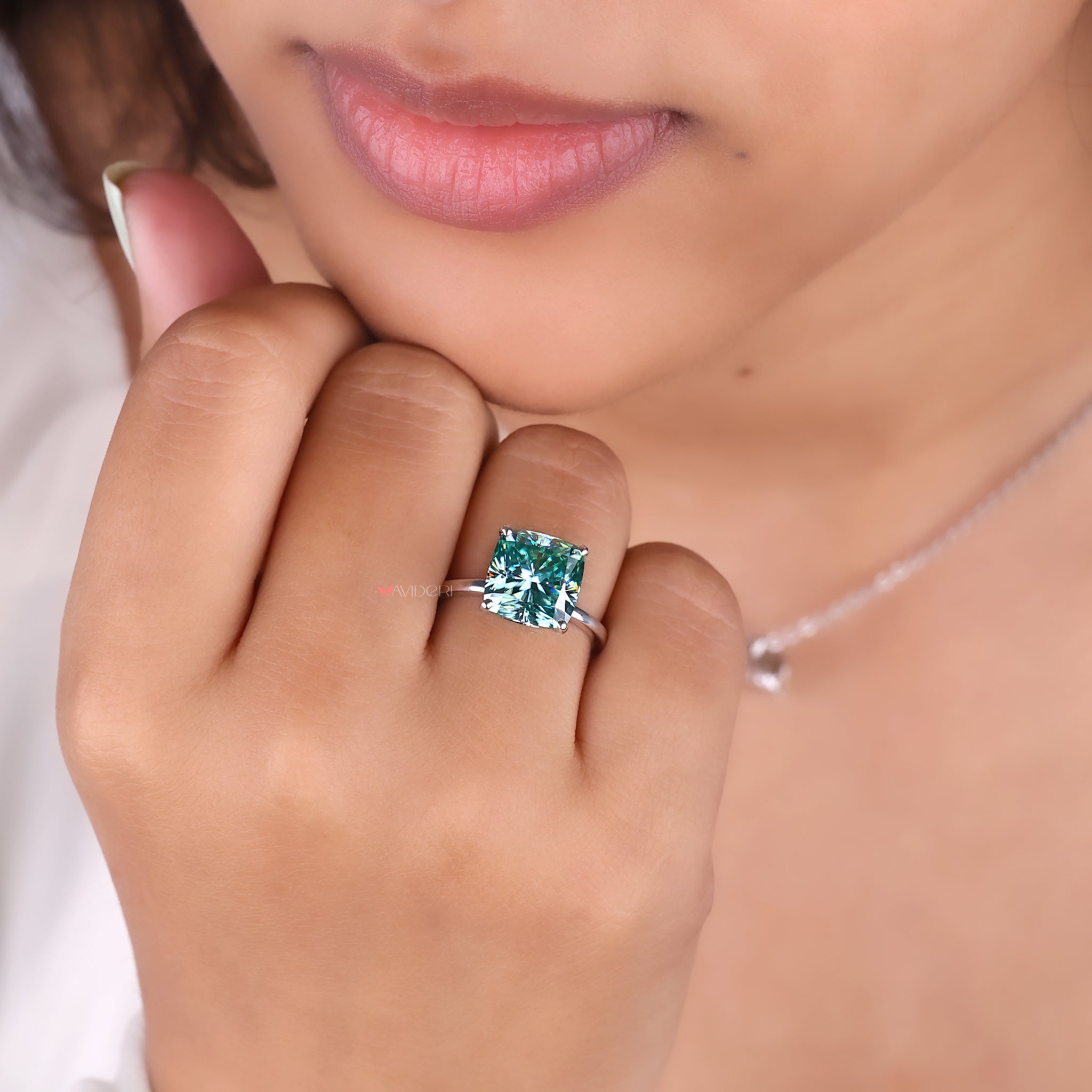 Cushion Cut Engagement Ring In Cyan Blue Moissanite