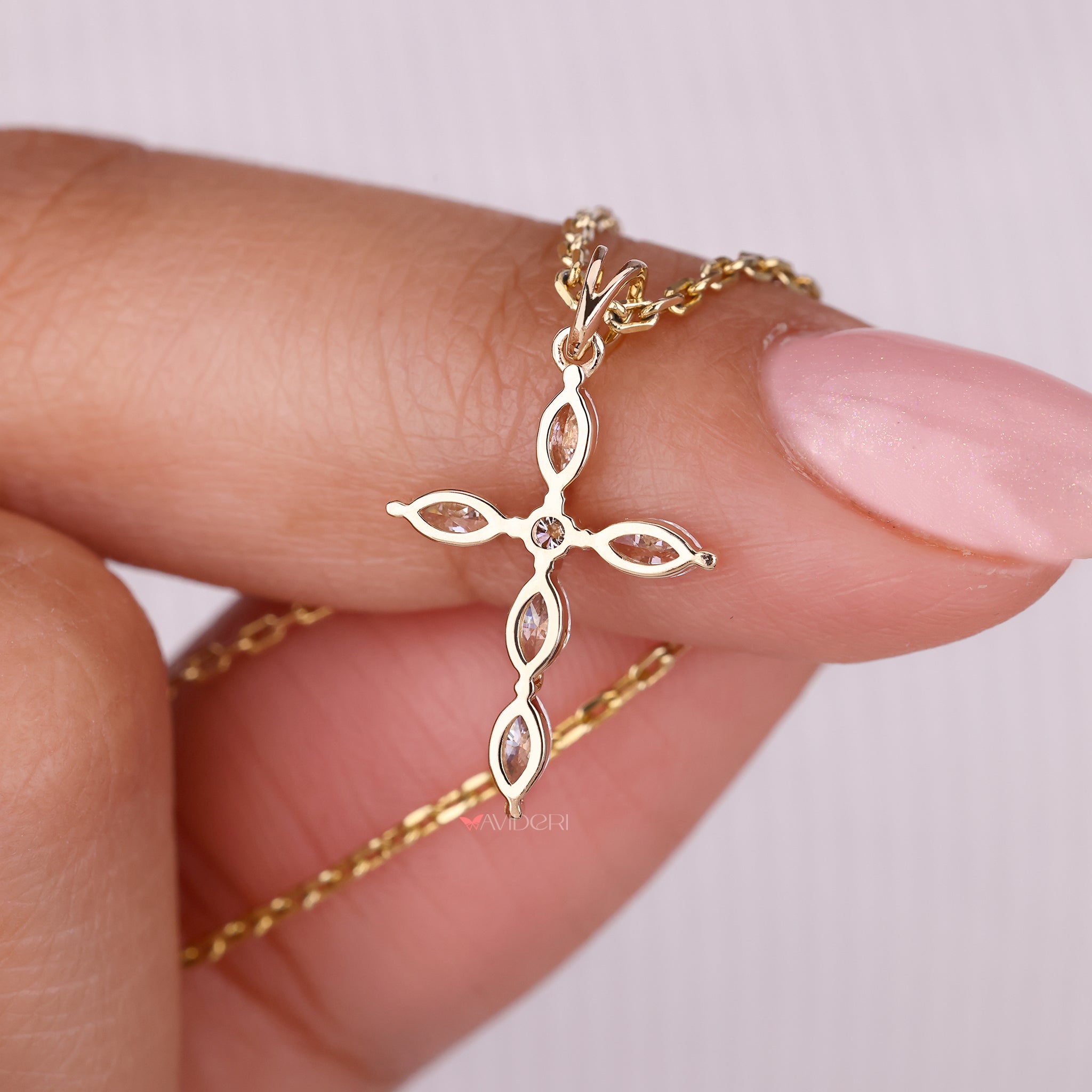 White Gold Diamond Cross Pendant Marquise Cut