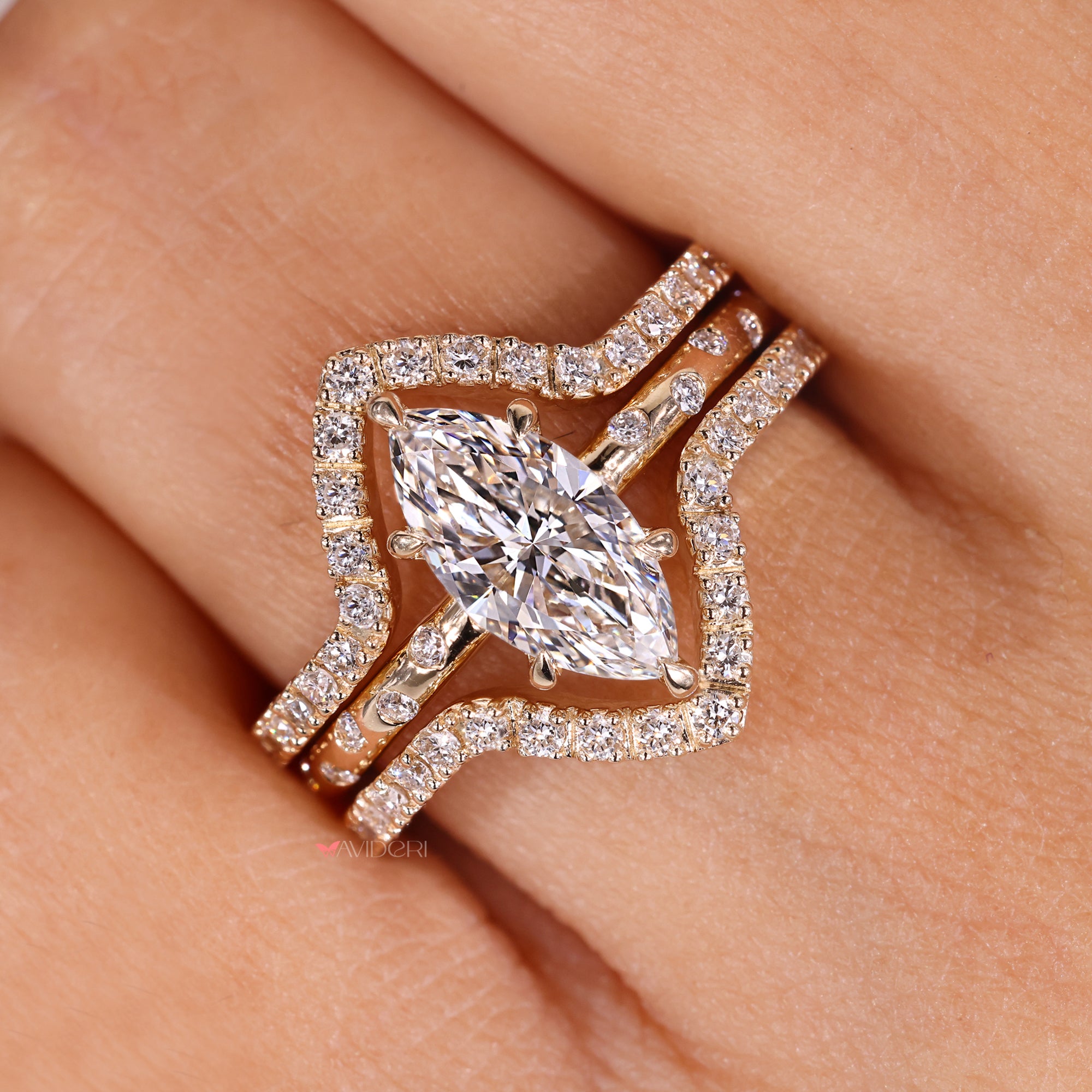 V shaped wedding band with Marquise Diamond Engagement Ring With Wedding Band.