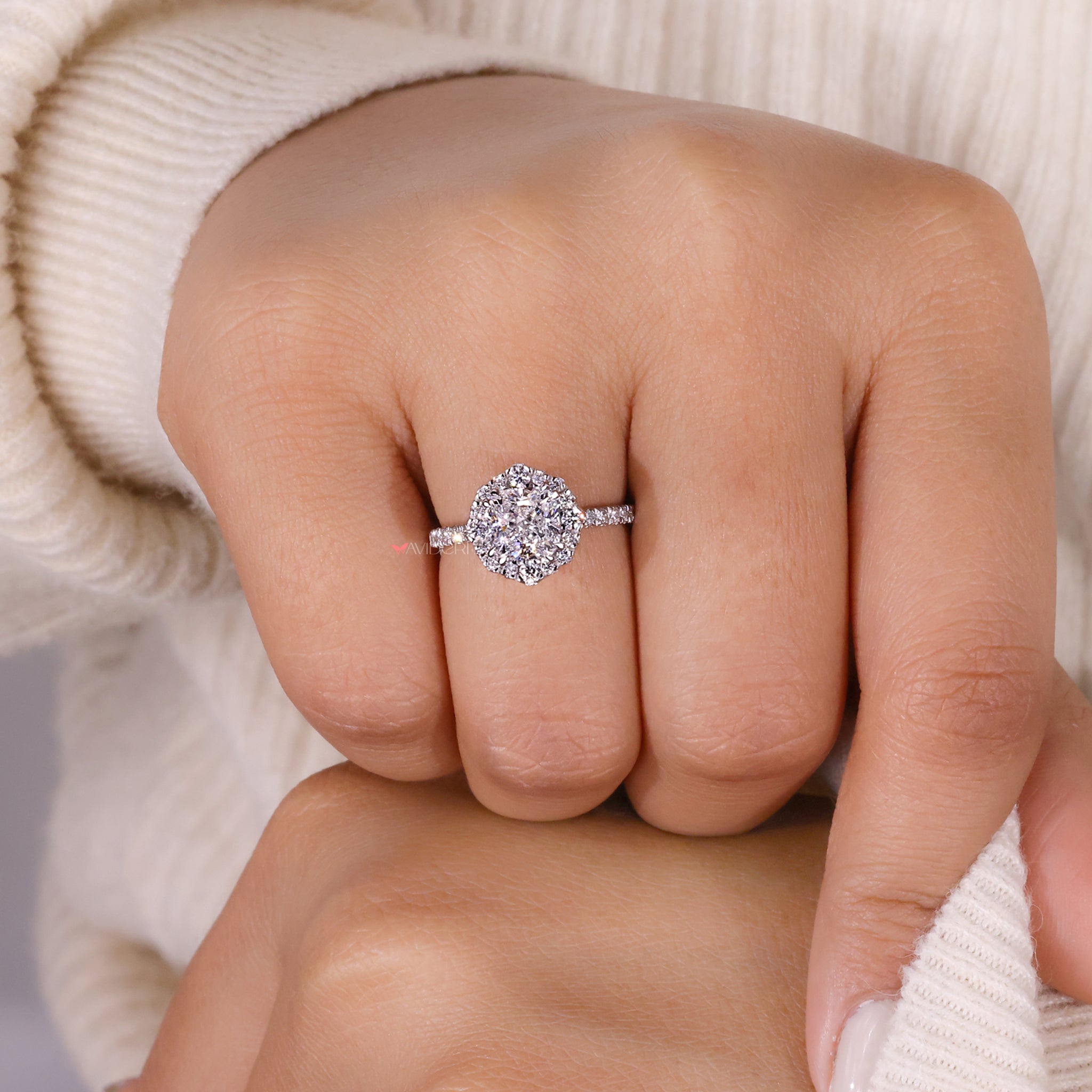 Pave setting with lab grown diamond, combining ethical sourcing and timeless style for a thoughtful and beautiful ring.
